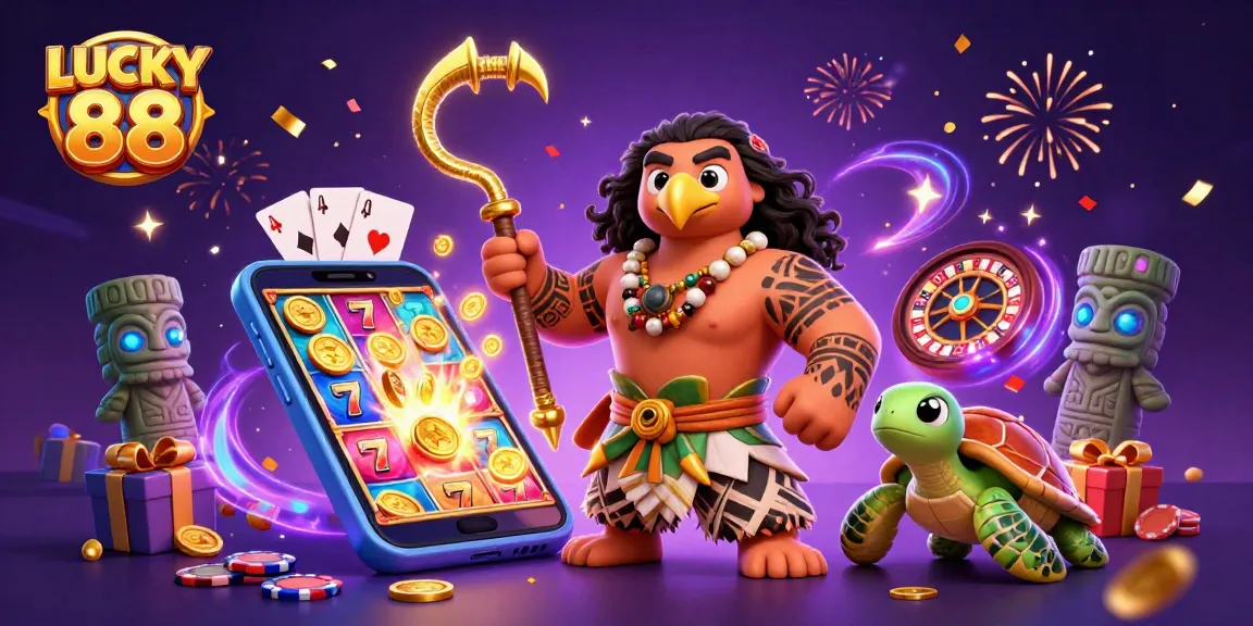 Spin your luck with LUCKY 88 in this vibrant casino-themed cartoon illustration featuring dynamic slot elements.
